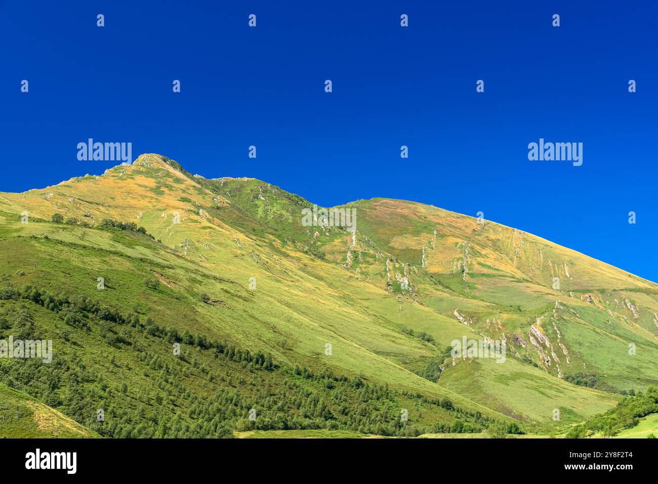 Die lebhaften Hügel bieten üppiges Grün und felsiges Gelände unter einem hellblauen Himmel, die die Schönheit der Natur an einem angenehmen Tag einfangen Stockfoto