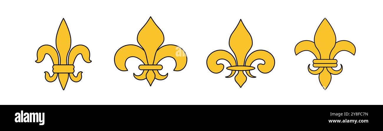 Gelbe heraldische französische Lilie. Mittelalterliche Wappenblume. Goldenes Fleur de Lis-Symbol. Stock Vektor