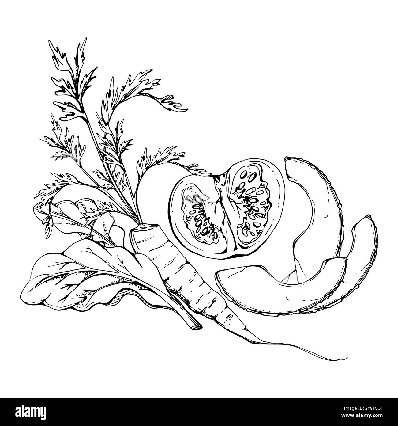 Gemüse- und Kräutermischung für Ernährung und gesunden Lebensstil, Salat vegane Kochen. Handgezeichnete Vektortinte. Darstellung isoliert auf weiß Stock Vektor