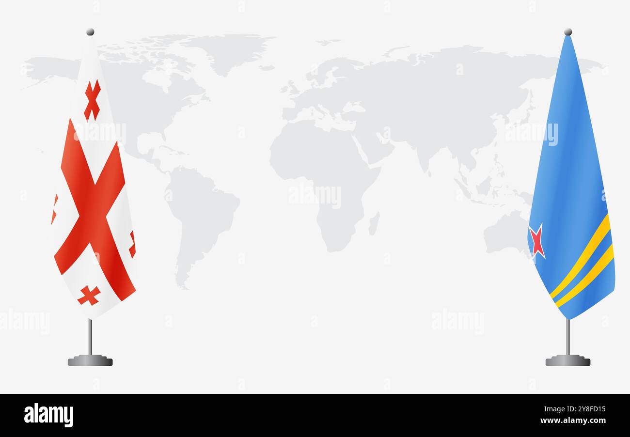 Georgien und Aruba Flaggen für offizielle Treffen vor dem Hintergrund der Weltkarte. Stock Vektor
