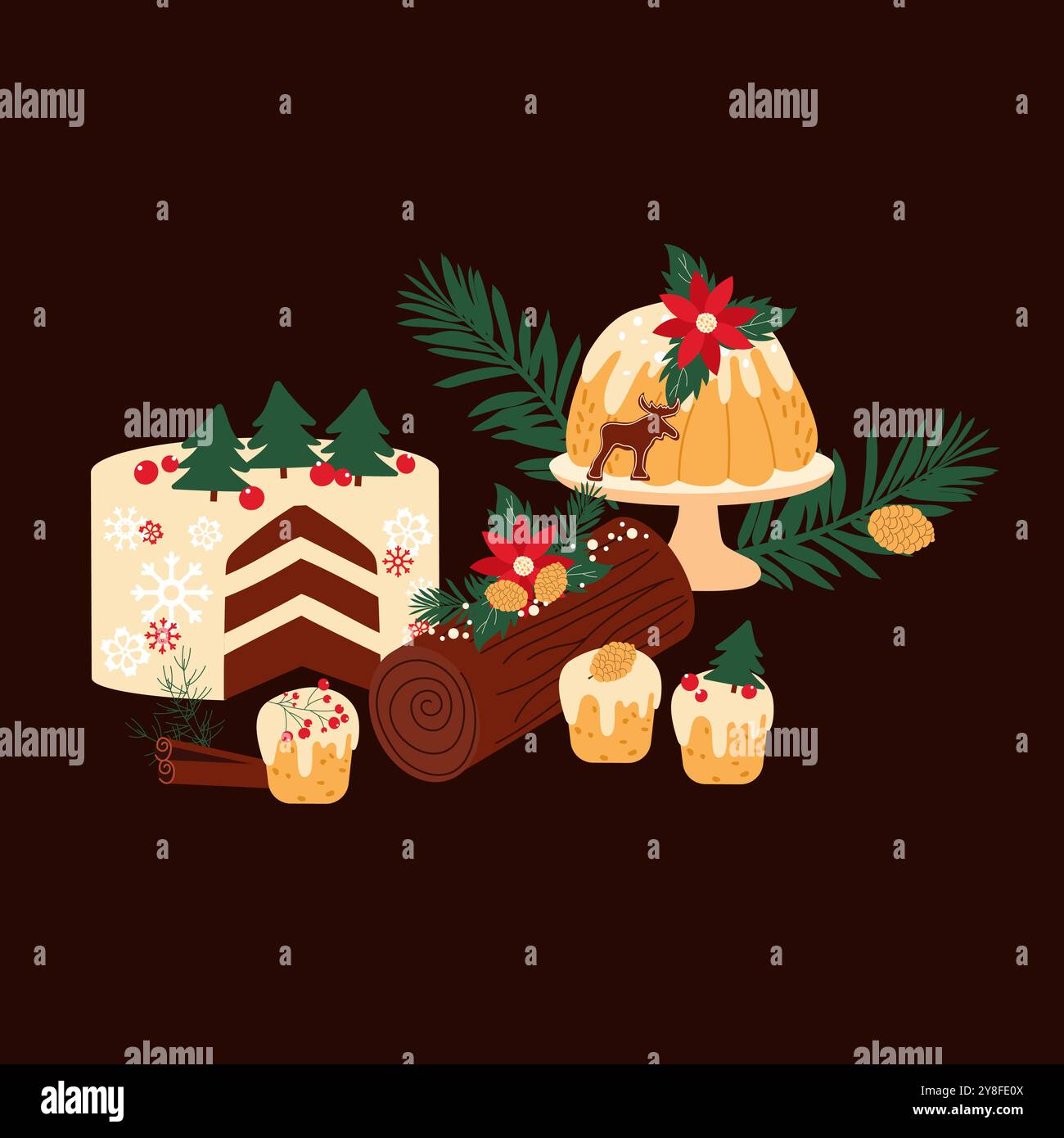 Handgezeichnete traditionelle Weihnachtsdekoration aus Kuchen und Süßigkeiten. Vektorillustration auf dunklem Schokoladenhintergrund Stock Vektor