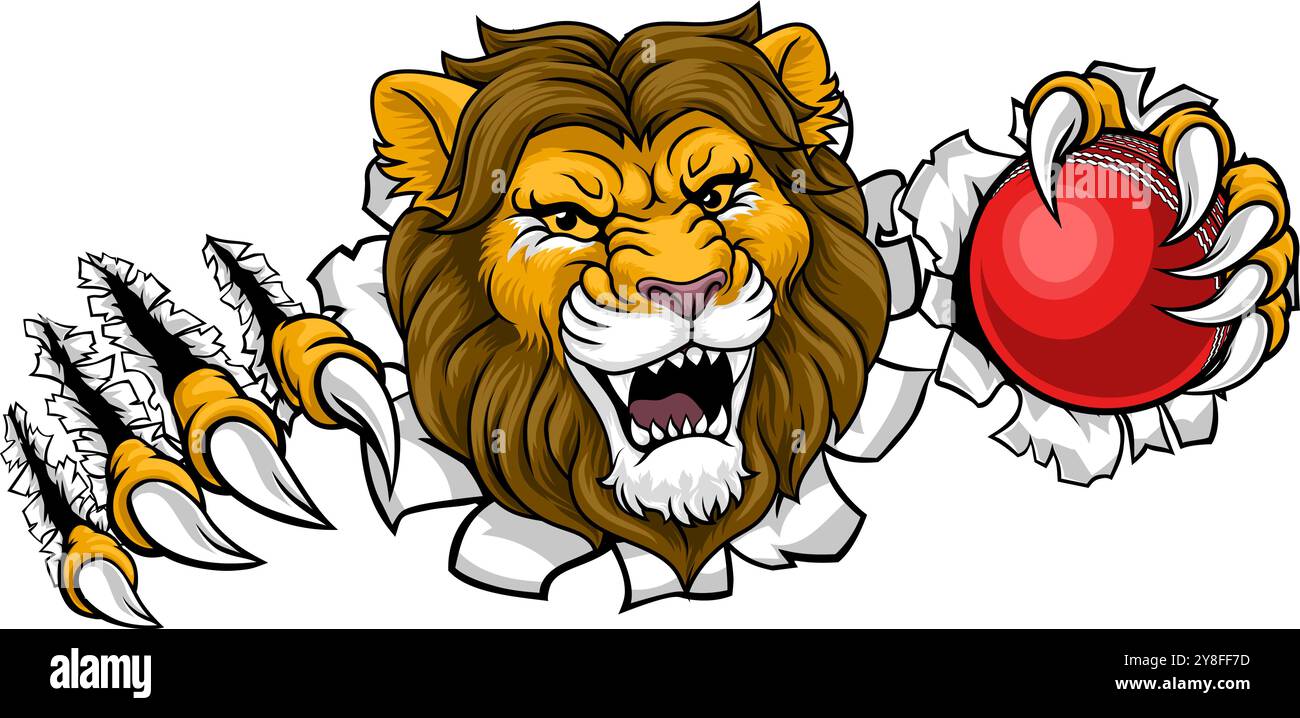Löwen-Cricket-Ball-Tiersport-Maskottchen Stock Vektor