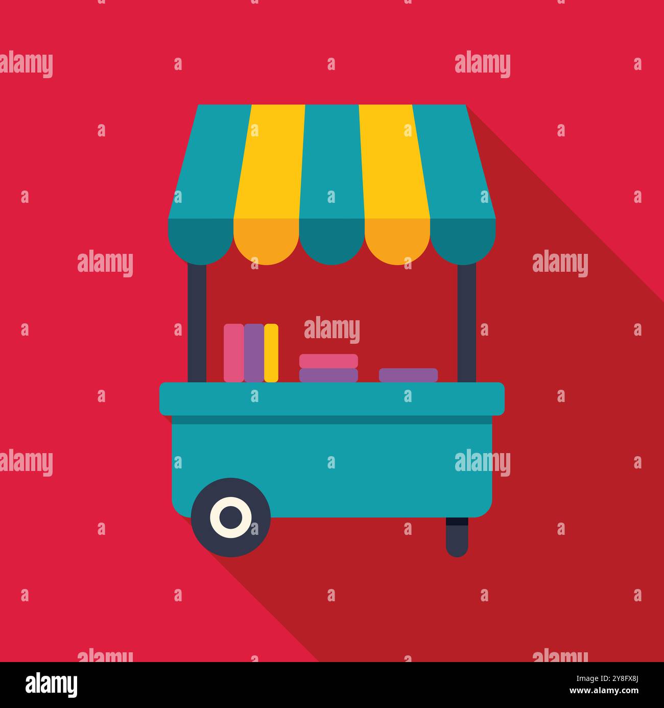 Mobiler Einkaufswagen, der Produkte mit gestreiftem Markise für Verkaufsmarketing mit langem Schatten anzeigt Stock Vektor