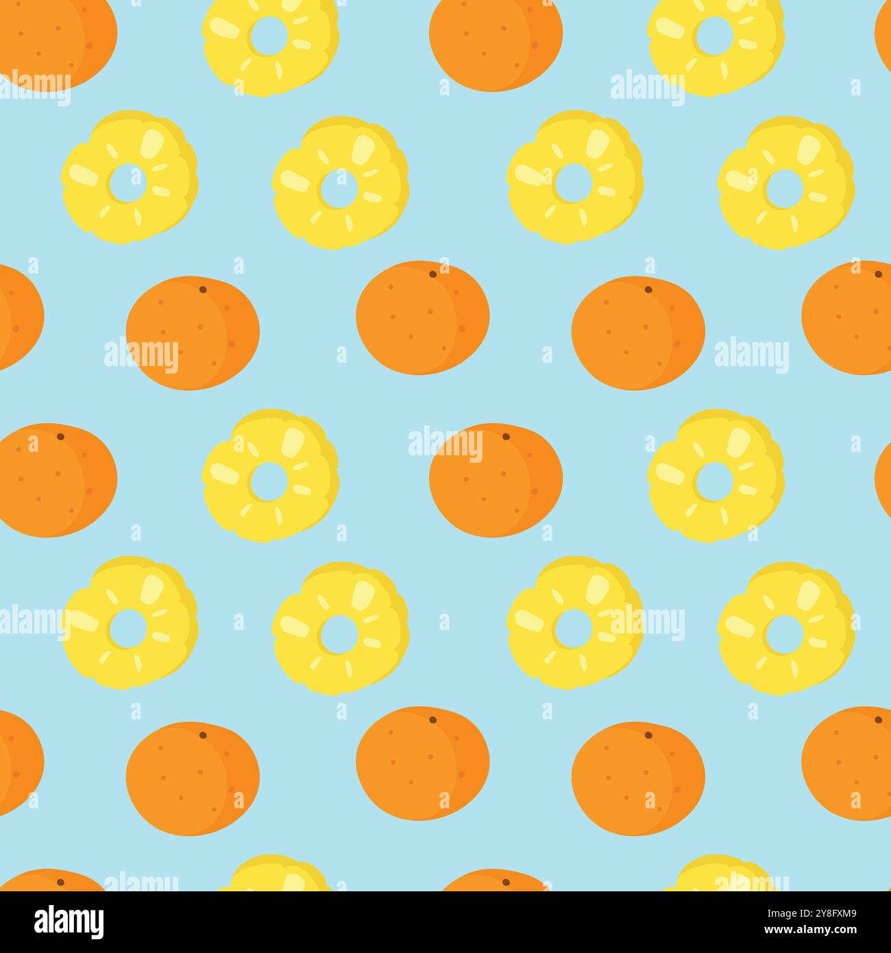 Nahtloses Muster mit Orangen- und Ananasscheiben auf hellblauem Hintergrund in flachem Design. Stock Vektor