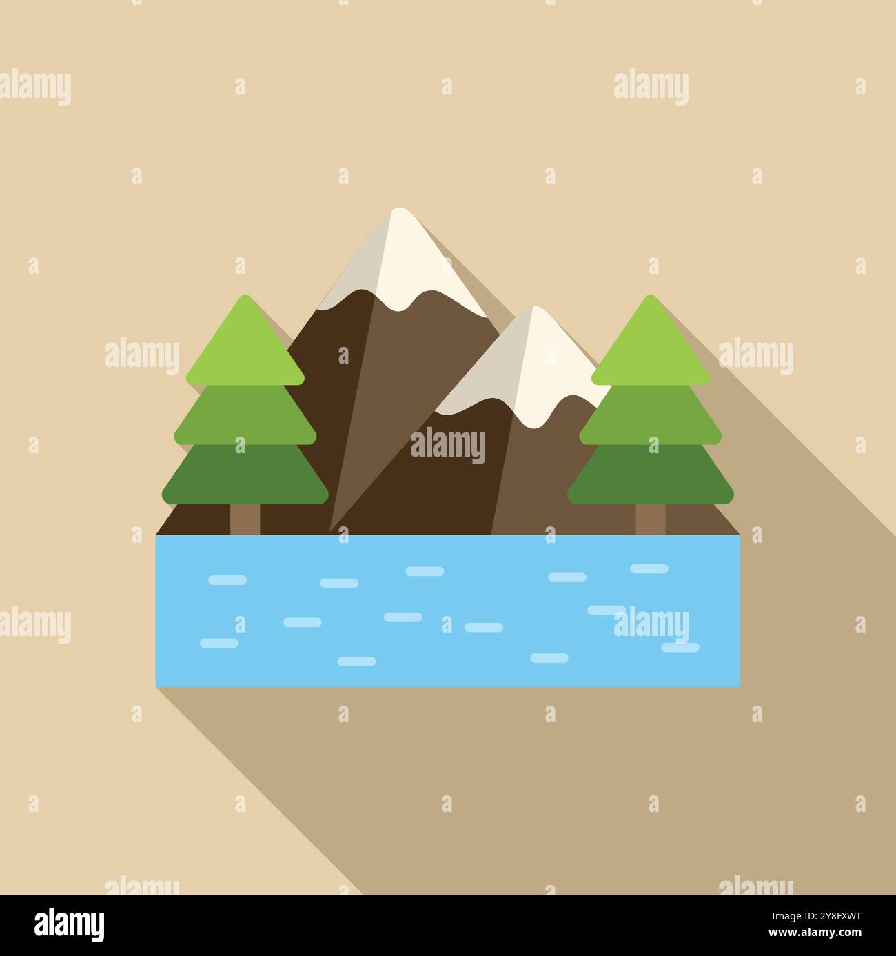 Minimalistische Vektor-Illustration mit einer Bergkette mit schneebedeckten Gipfeln, die sich in einem See spiegeln, und Kiefern im Vordergrund Stock Vektor