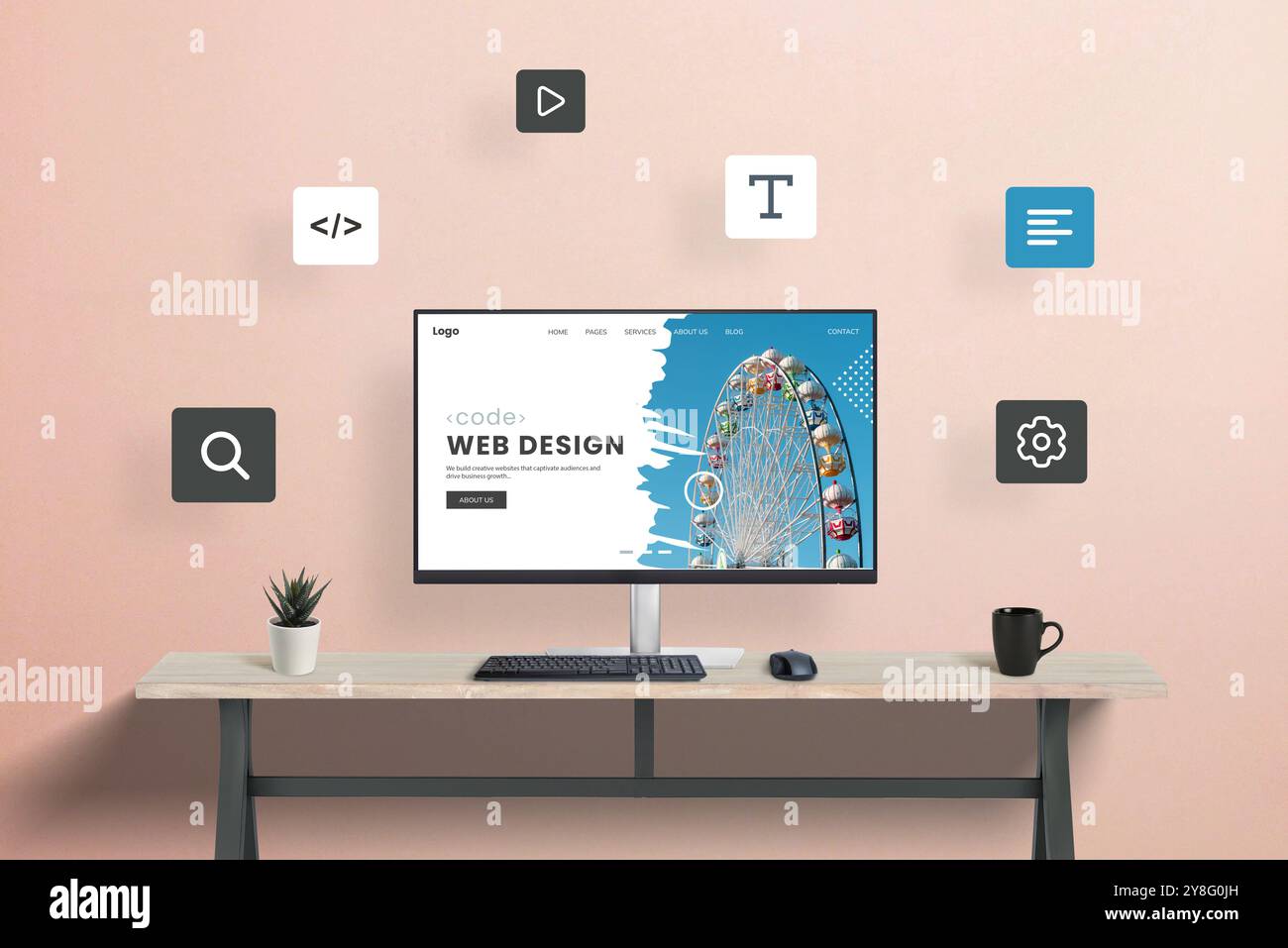 Konzept zur Erstellung von Websites mit modularem Design. Text-, Code-, Video-, Such- und Verwaltungsmodule, die auf der Webseite auf dem Computerdisplay bei der Arbeit herumliegen d Stockfoto