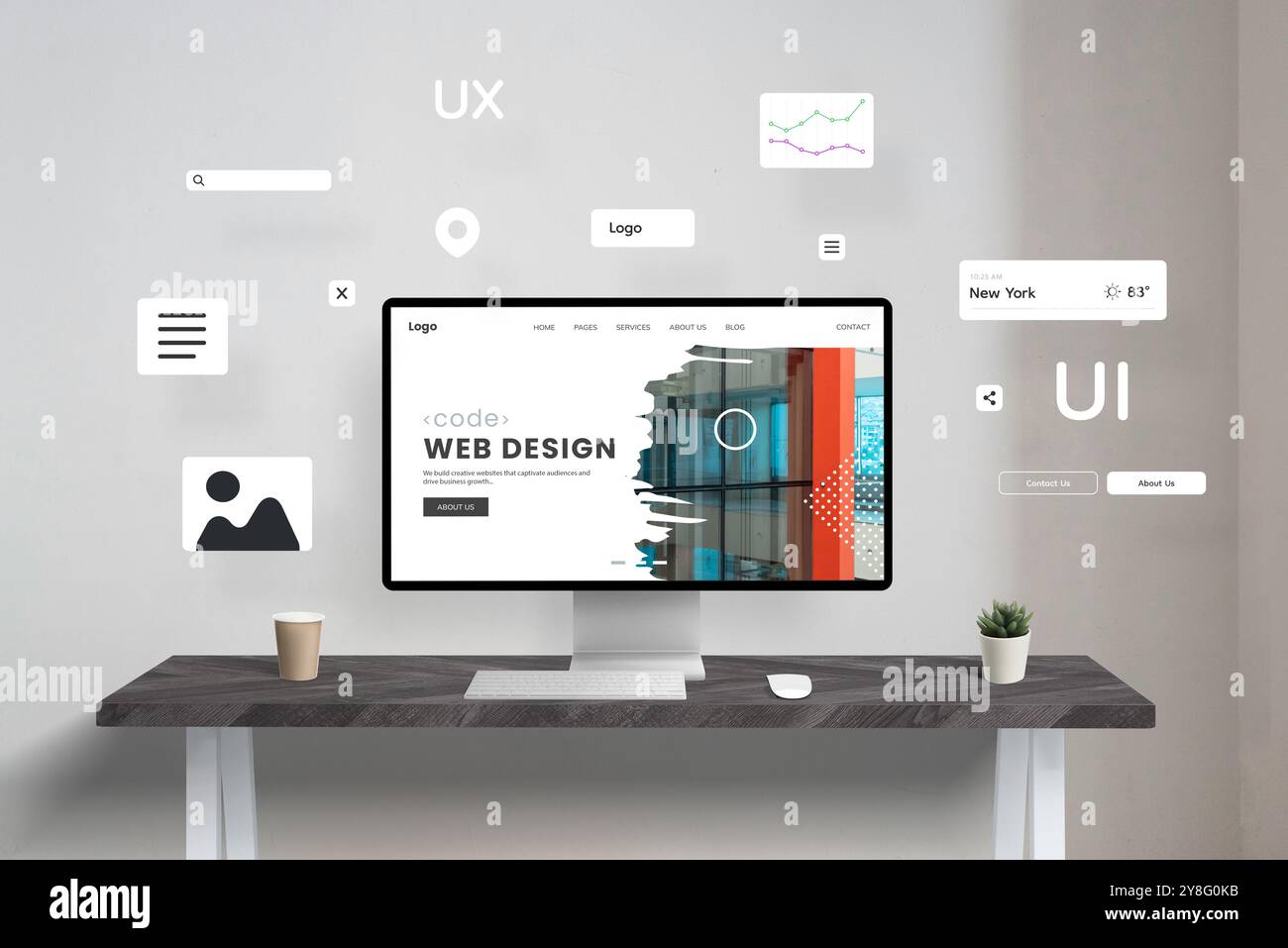 Web Design Studio erstellt eine Seite mit Modulen und Plugins. Konzept des Content Management Systems für die einfache Erstellung von Websites von zu Hause aus mit digitaler Technologie Stockfoto