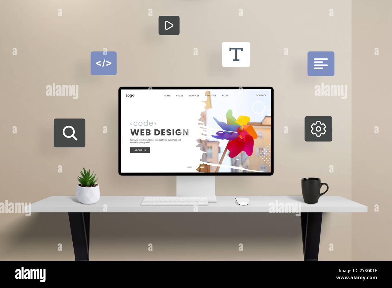 Computerdisplay mit Webseitenmodulen, die um eine Webdesign-Studio-Seite fliegen und den dynamischen Prozess der Webseitenerstellung veranschaulichen. Perfekter Konz Stockfoto