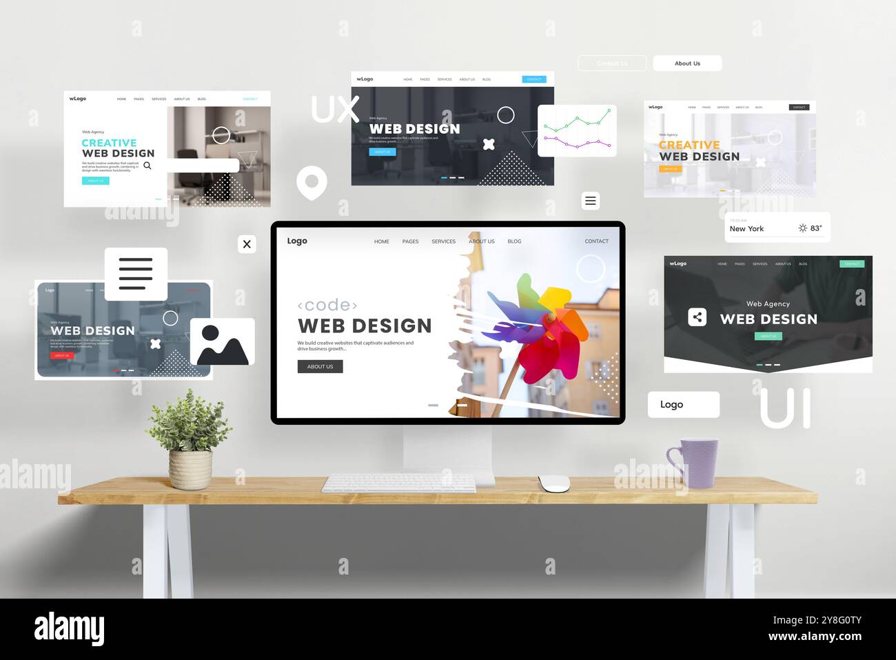 Konzeptseiten für Web-Design-Studios, die mit Webseitenmodulen herumfliegen und den kreativen Prozess des Aufbaus und der Präsentation eines Portfolios zeigen. Ideal ima Stockfoto