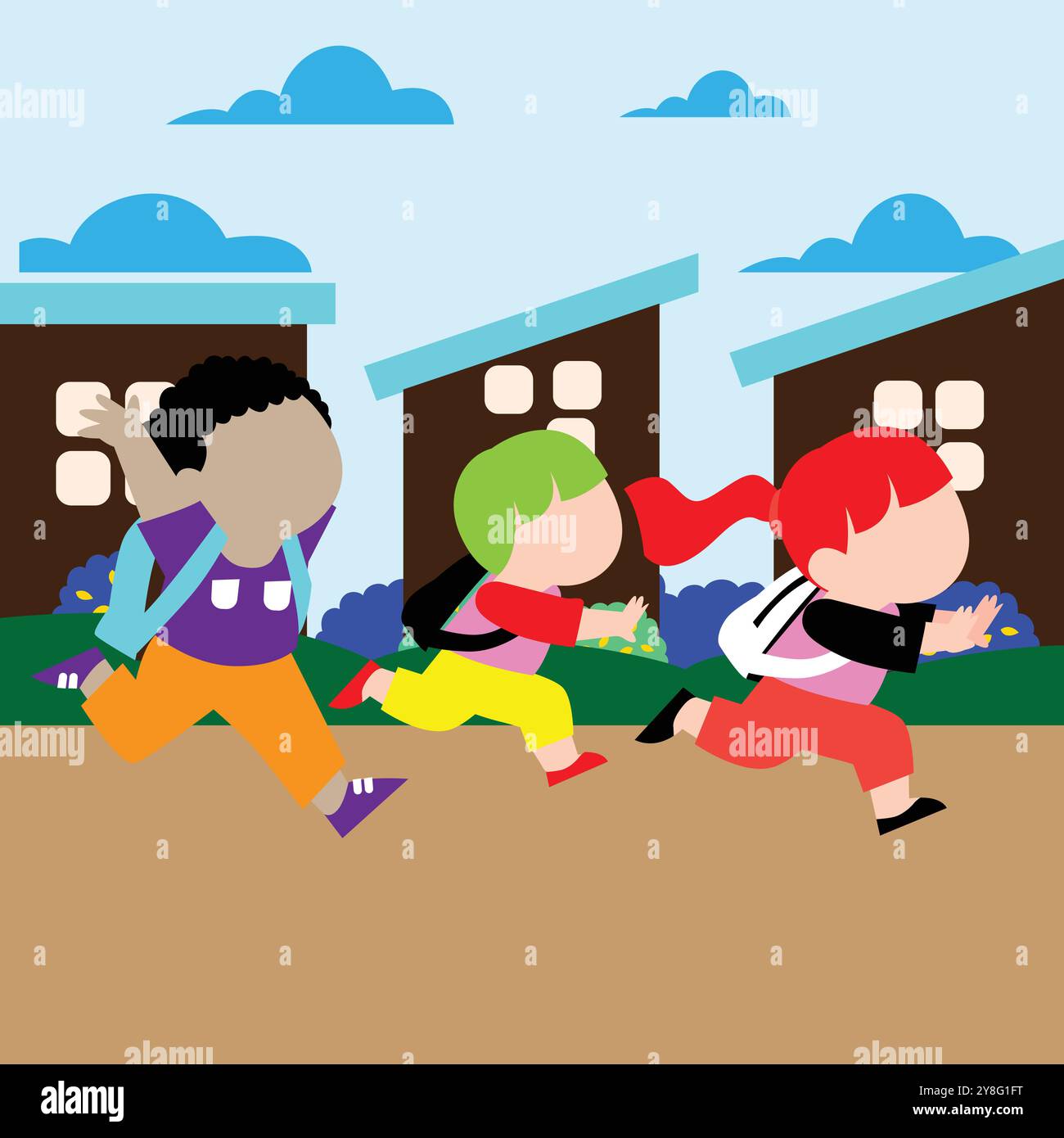 Glückliche Schüler Kinder lächeln und laufen mit Rucksack in der Natur, Vektor-Illustration grafisches Design. Stock Vektor