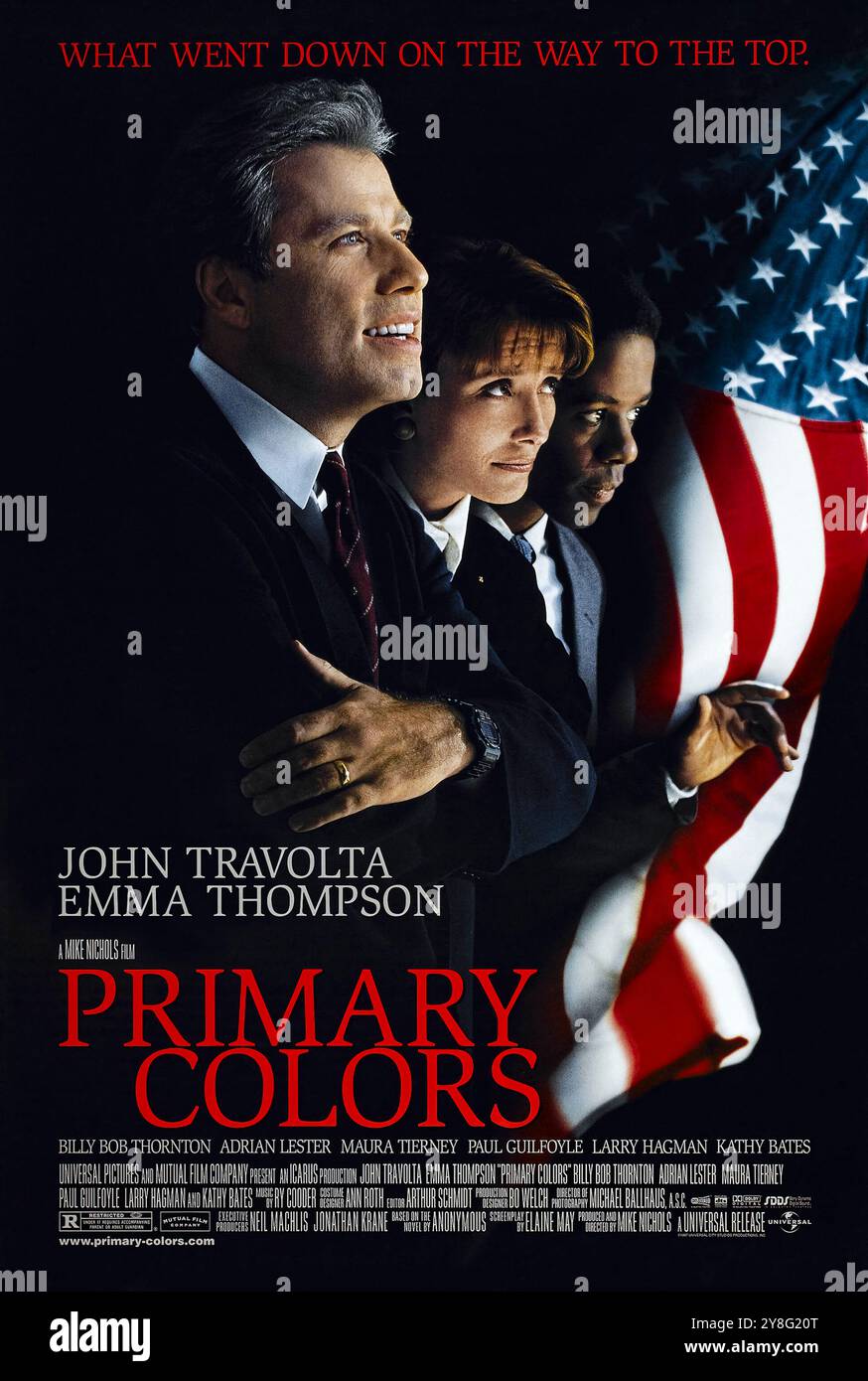Primary Colors (1998) von Mike Nichols mit John Travolta, Emma Thompson, Adrian Lester und Kathy Bates. Ein satirischer Blick auf eine Präsidentschaftskampagne, inspiriert von Bill Clintons Wahlkampf 1992. US-Poster mit einem Blatt. Foto eines Original-Posters aus dem Jahr 1998 (US-1-Blatt). ***NUR REDAKTIONELLE VERWENDUNG*** Credit: BFA / Universal Pictures Stockfoto