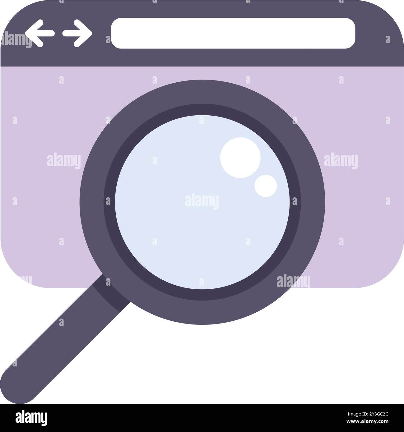 Die Lupe bewegt sich über einem vereinfachten Webbrowser-Fenster und symbolisiert die Online-Suche und das Abrufen von Informationen Stock Vektor