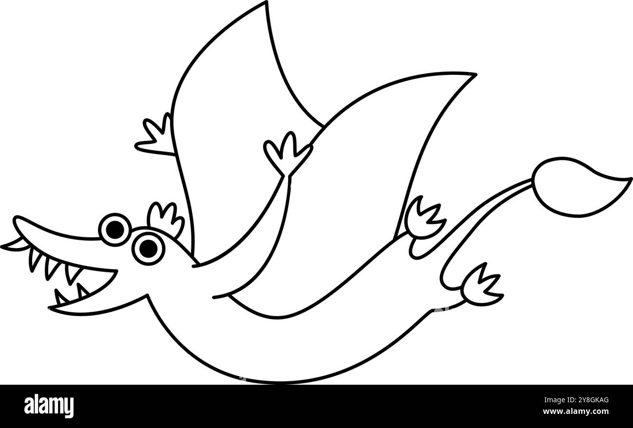 Vektorsymbol schwarz-weiß Pterodactyl. Niedliche Dinosaurier-Illustration mit Flügeln für Kinder. Lustige Line Dino Clipart für Kinder isoliert auf weißem Hintergrund Stock Vektor