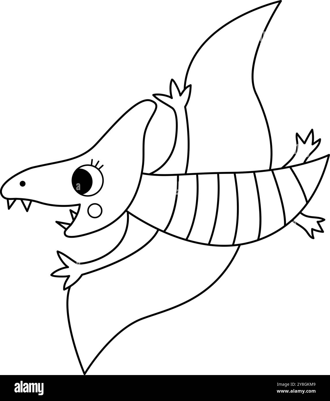 Vektorsymbol schwarz-weiß Pterodactyl. Niedliche Dinosaurier-Illustration mit Flügeln für Kinder. Lustige Dino-Line Clipart isoliert auf weißem Hintergrund. Cartoon Stock Vektor