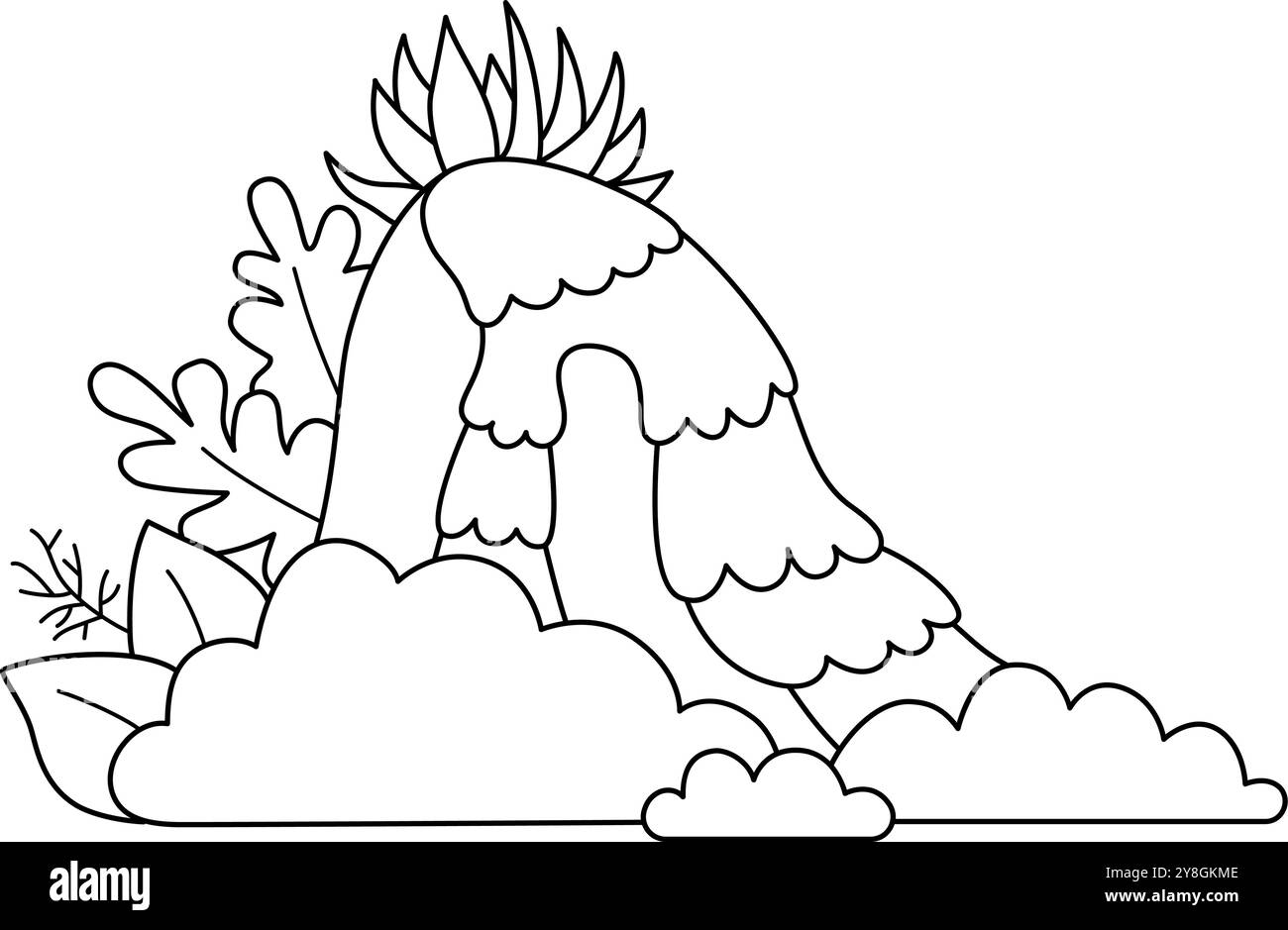 Vektor-Symbol für Schwarzweiß-Wasserfall. Illustrationen oder Ausmalseiten für Naturlandschaften. Wasserfallbild mit Grün, Bäumen, Schmetterling. Wildli Stock Vektor