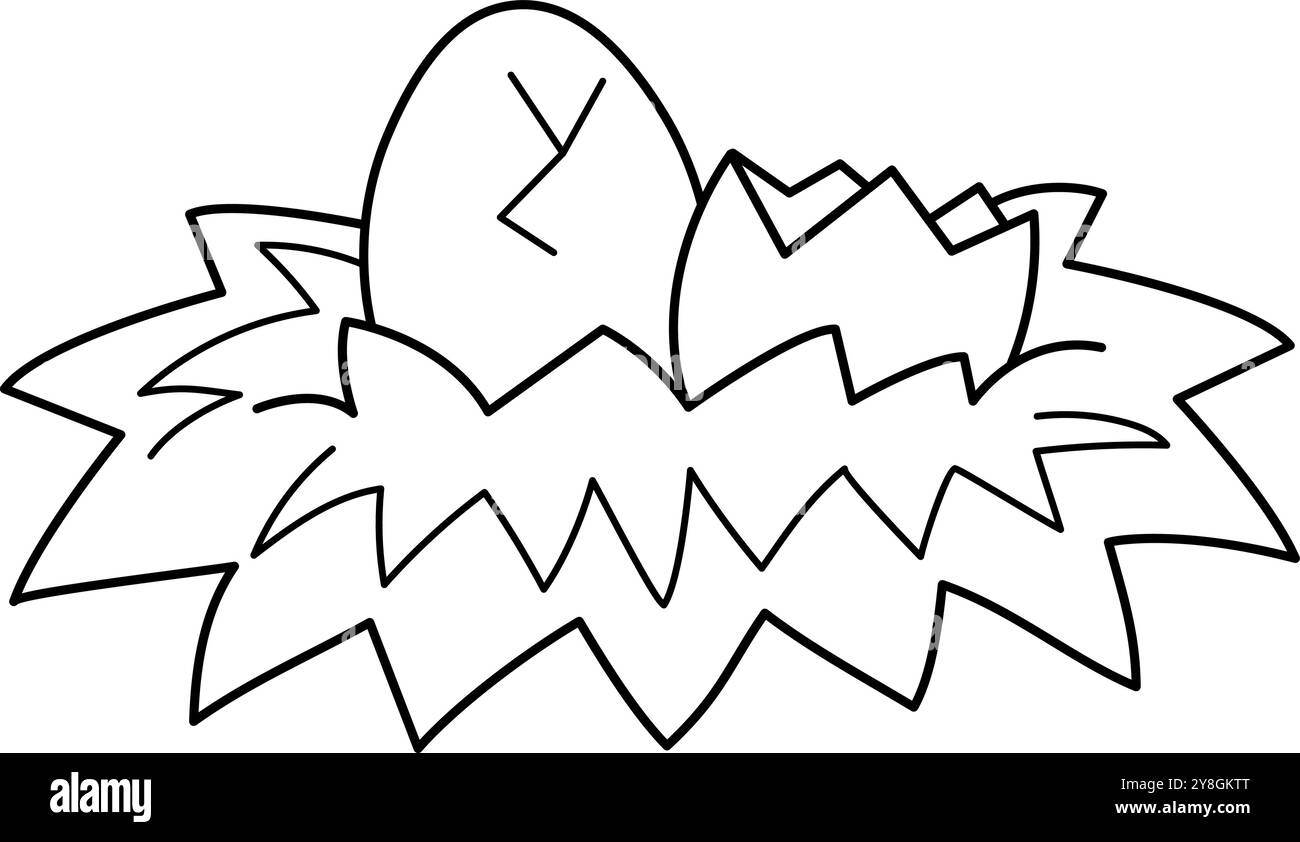 Vektorschwarz-weiß Vogel- oder Dinosauriernest mit Eiersymbol. Bauernhof, Ostern oder prähistorische Linie Illustration isoliert auf weißem Hintergrund. Niedliche Feder c Stock Vektor