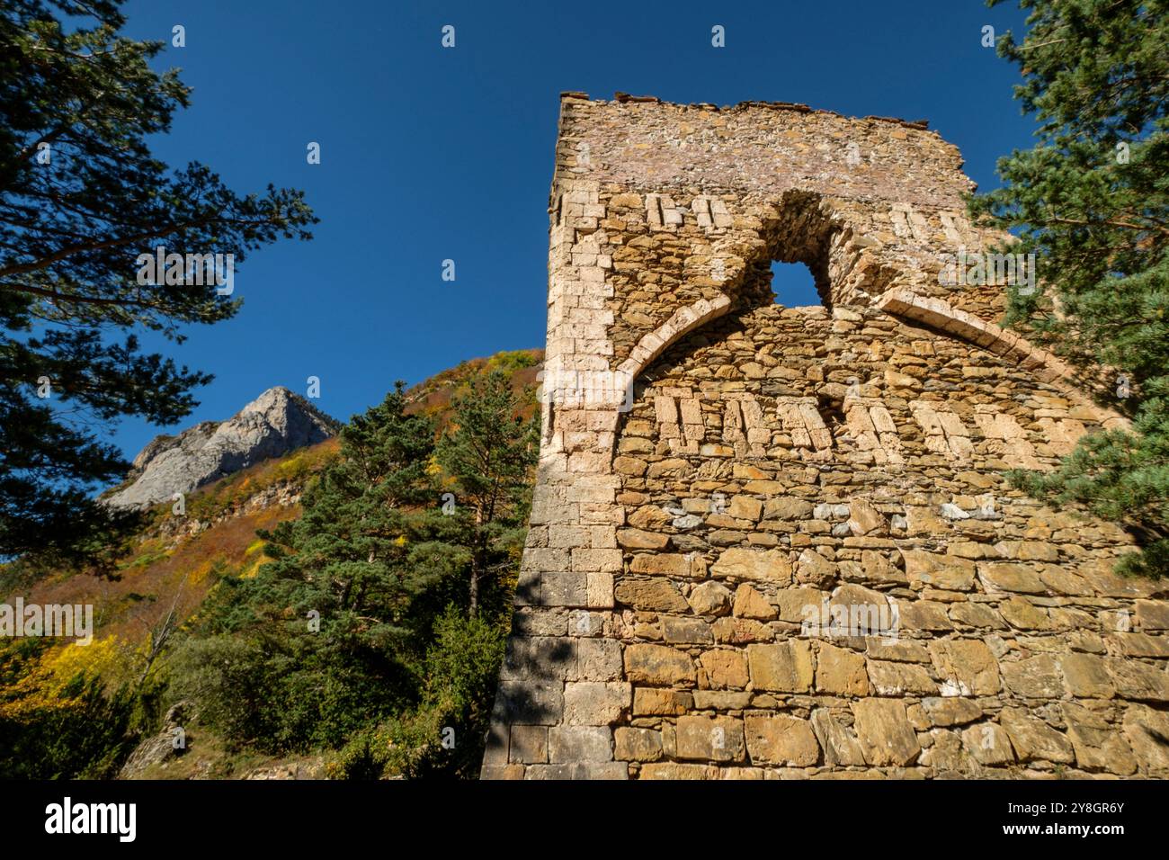 Turm von Felipe II, - castillo viejo -, alter Aussichtsturm, der die Passage verteidigte, Römerstraße, Boca del Infierno Route, Tal von Hecho, westliche Täler, Huesca, Aragon, Spanien. Stockfoto