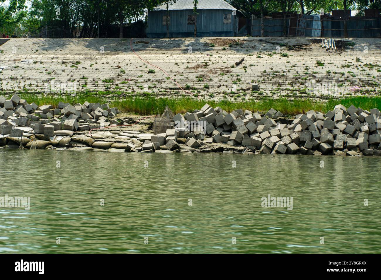 Betonwürfel, die als Küstenschutz gegen Flußerosion dienen, Padma (Ganges) River, Bangladesch Stockfoto