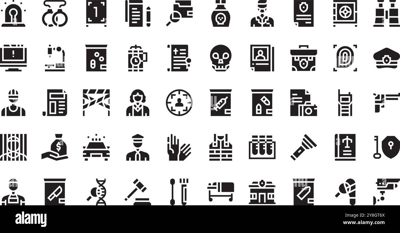 Crime Icons hochwertige Sammlung von Vektorsymbolen mit editierbarer Kontur. Ideal für professionelle und kreative Projekte. Stock Vektor