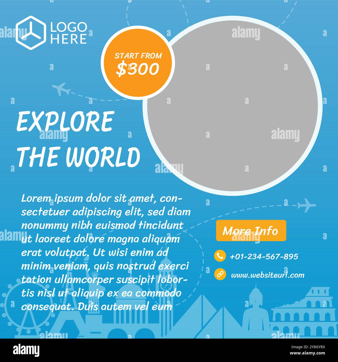 Post-Template-Design für soziale Medien für Geschäftsagenturen auf Reisen. Set aus Webbanner, Flyer oder Poster für Reisebüros. Vorlage für digitale Werbebanner Stock Vektor