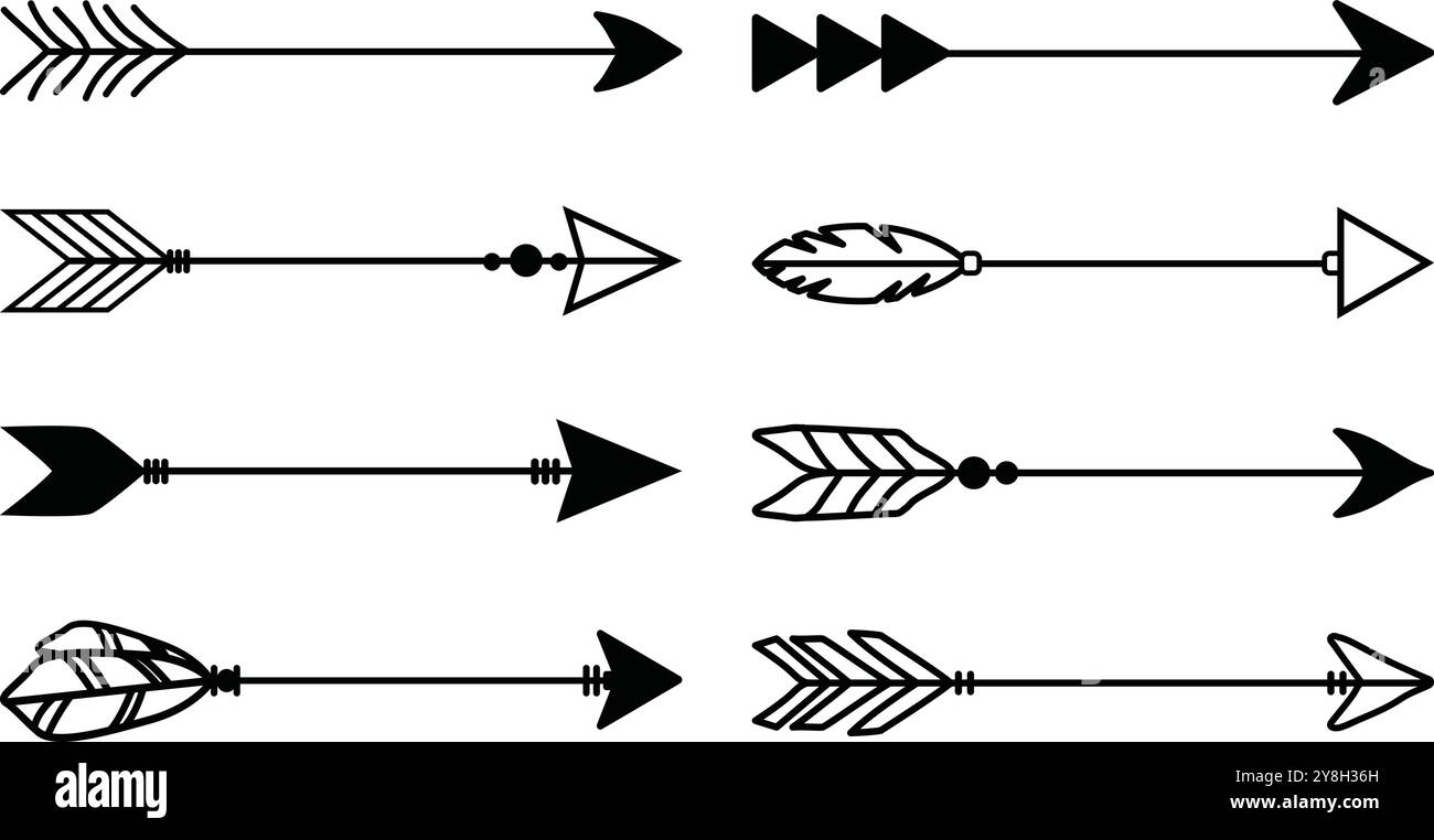 Elementset Für Tribal Arrow (Tribal-Pfeil). Ein kleiner Satz von Bogenschießpfeilen im Stammesstil mit Pfeilspitzen und Federschwänzen. Isoliert ohne Hintergrund. Stock Vektor