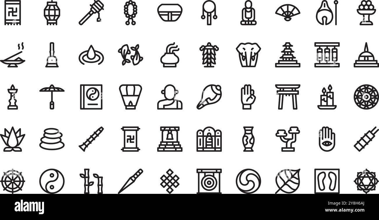 Buddhismus-Symbole hochwertige Vektor-Icons-Sammlung mit editierbarer Kontur. Ideal für professionelle und kreative Projekte. Stock Vektor