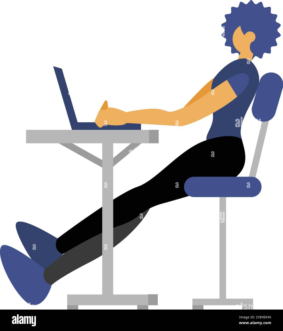 Person, die an Einem Laptop arbeitet und an einem Schreibtisch sitzt. Eine sorporate Kunstgrafik einer Person, die an einem Schreibtisch sitzt und die Beine ausgestreckt mit ihrem Lapt arbeitet Stock Vektor
