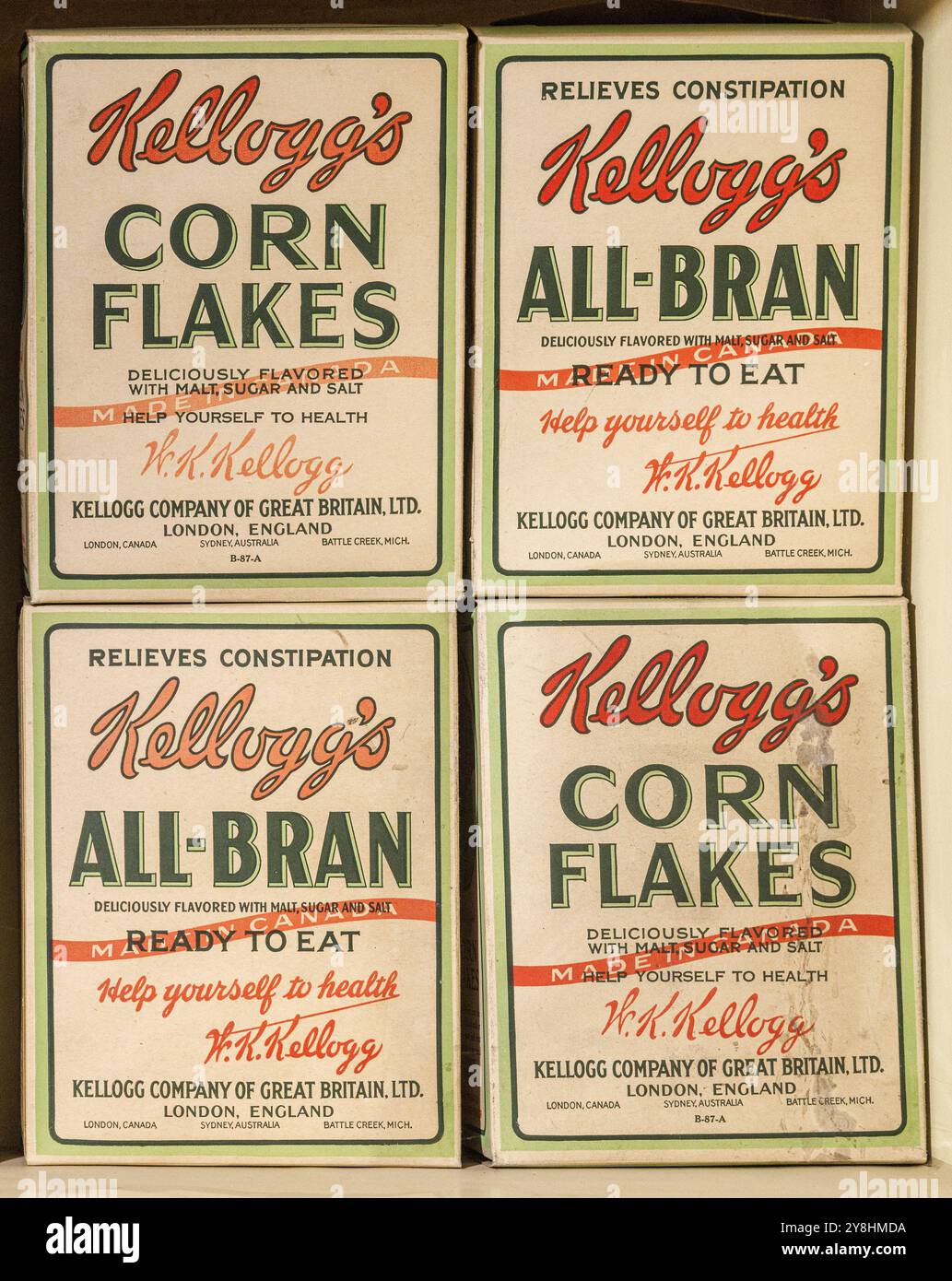 Frühversionen der Kellogg-Getreideverpackung in Großbritannien Stockfoto