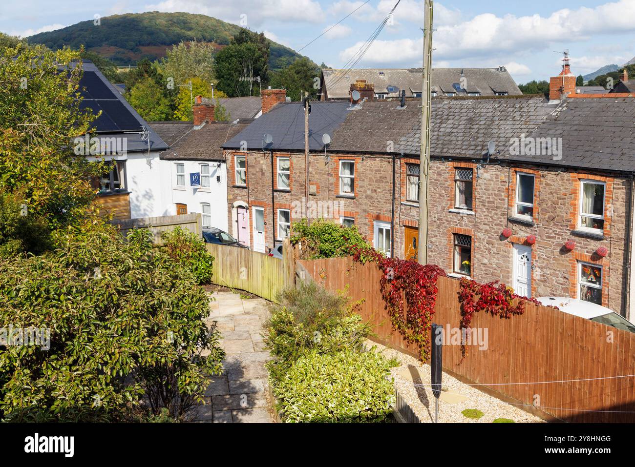 Blick auf den Garten mit Reihenhäusern in einem Vorort von Abergavenny, Wales, Großbritannien Stockfoto