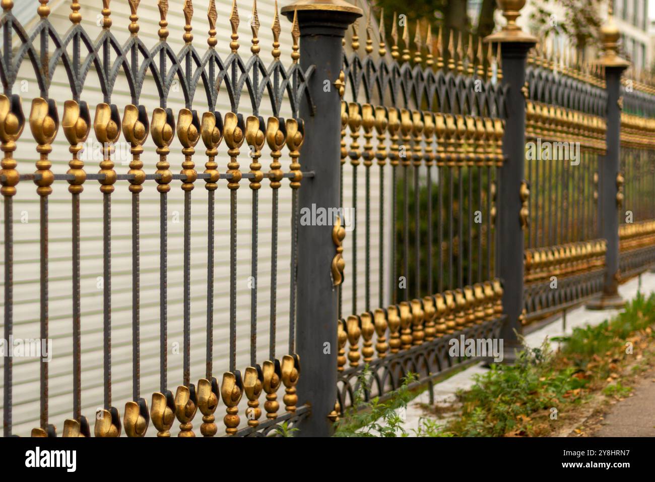 Metallzaun im Stadtpark. Dekorative Schutzgeländer aus schwarzem Eisen zum Schutz, Nahaufnahme Stockfoto