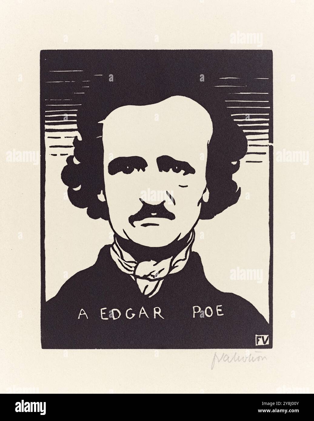 Porträt von Edgar Allan Poe (1809–1849), Holzschnitt des schweizerisch-französischen Künstlers Félix Vallotton (1865–1925) aus dem Jahr 1894, der den amerikanischen Schriftsteller zeigt, der für seine Gothic- und Detektivliteratur berühmt ist. Stockfoto