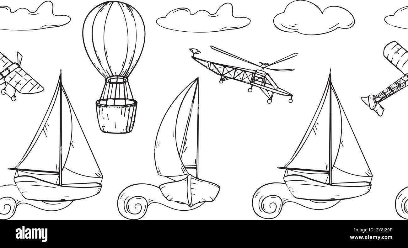 Segelschiff, Luftballon, Flugzeug schwarz-weiß Vektor Grafik nahtlose Grenze. Einfarbiges Boot, Flugzeug, Schiff, Aerostat wiederholende Boardhand Stock Vektor