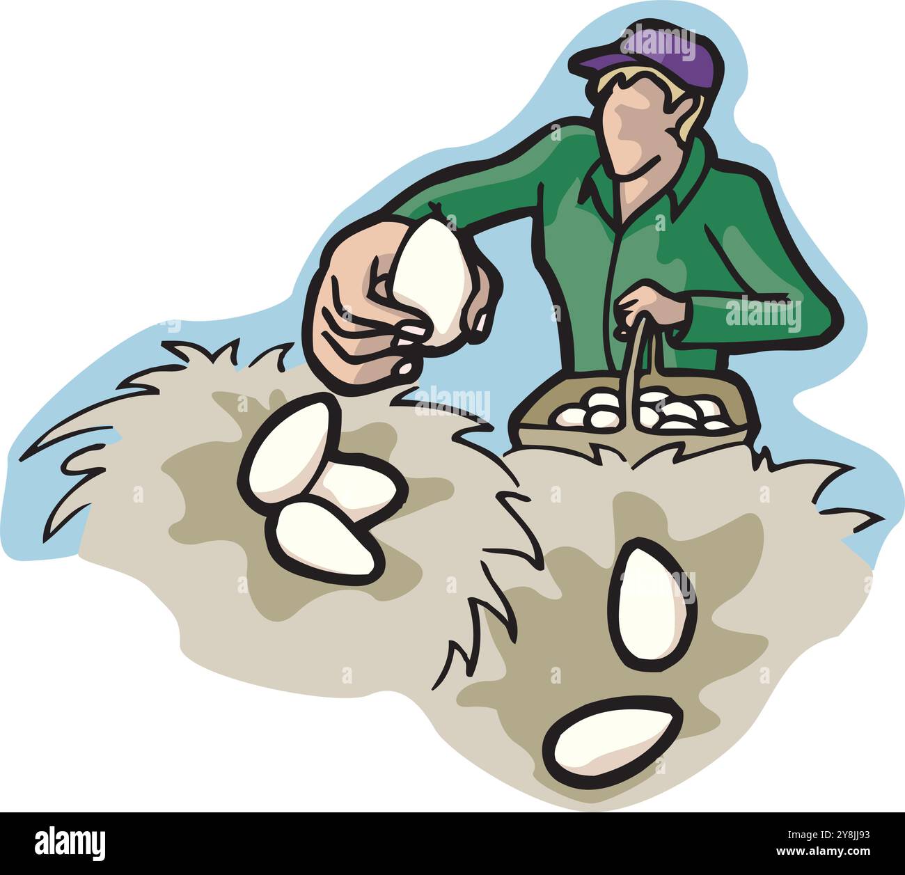 Ein fröhlicher Mann sammelt glücklich Eier in einer Hühnerhaus Vektor-Design Illustration Stock Vektor