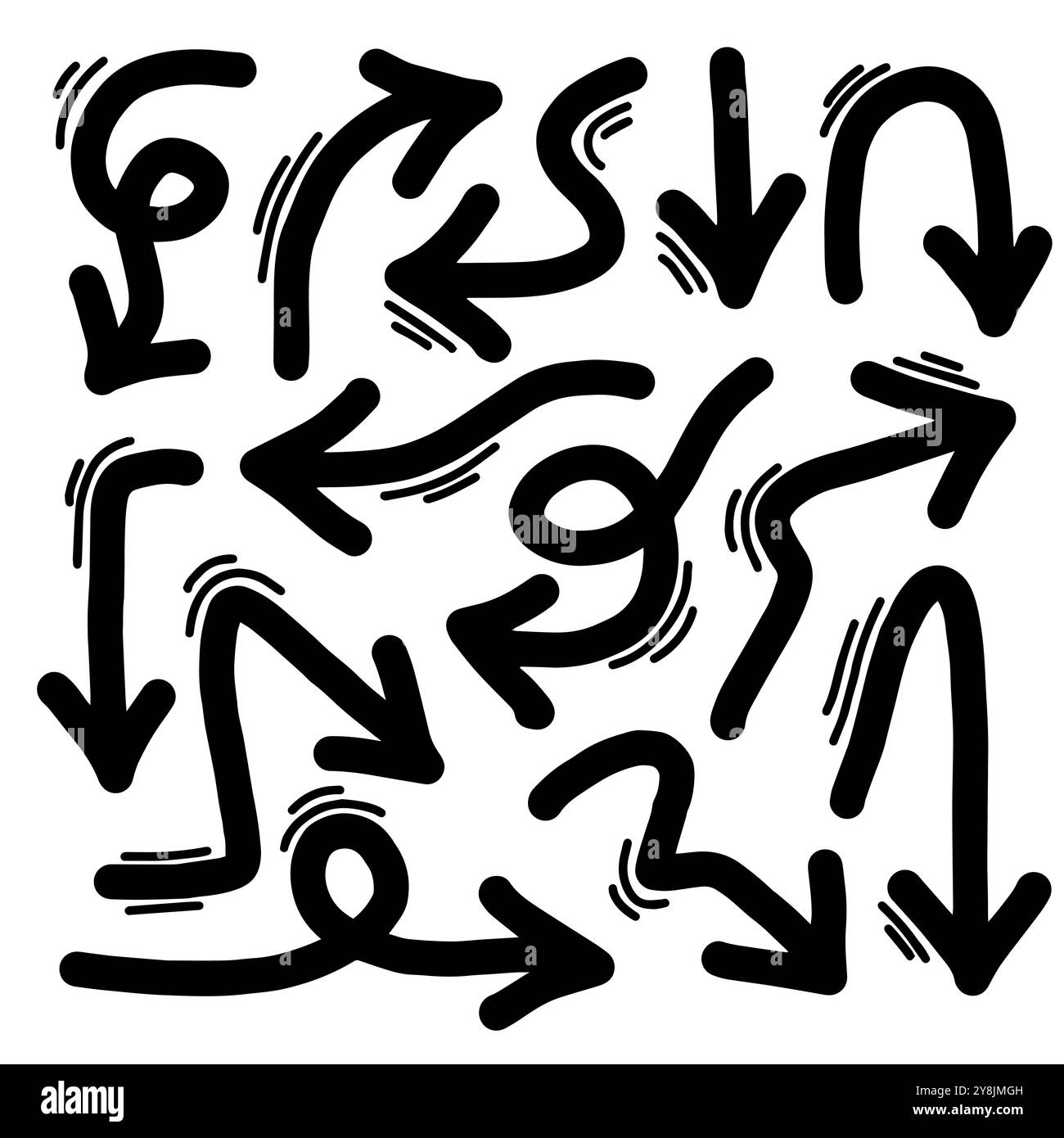 Handgezeichnete Pfeile in verschiedenen Richtungen und Stilen auf weißem Hintergrund. Stock Vektor