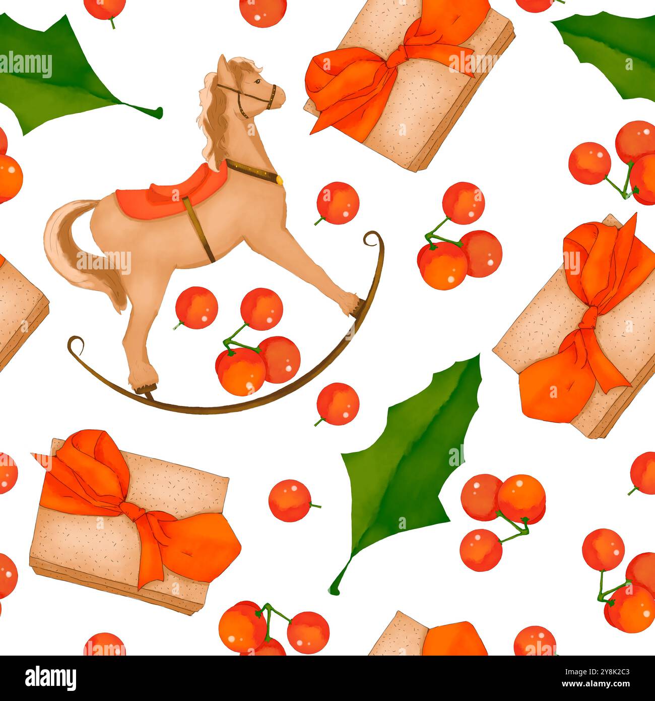 Nahtloses Muster mit Schaukelpferd, roten Beeren, stechpalmenblättern, Geschenken mit Bögen, Aquarell-digitale Weihnachtsillustration für Druck und Web Stockfoto