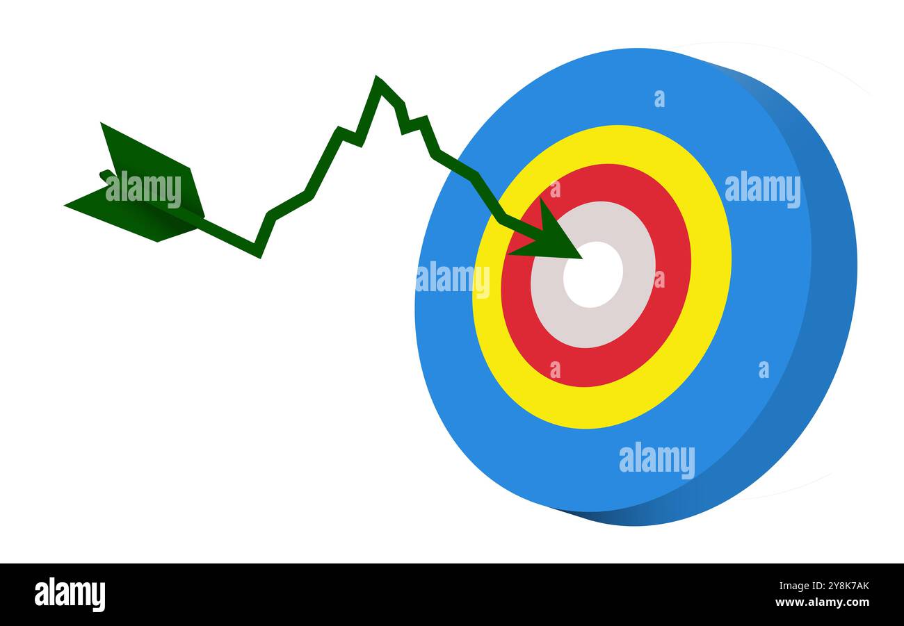 Ein Börsendiagramm in Form eines Pfeils steht in der 3D-Abbildung über die Investition in die Börse direkt auf dem Ziel. Stockfoto