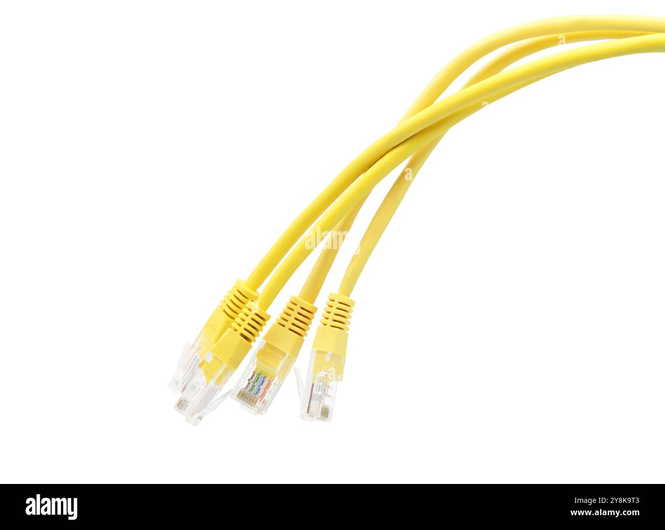 Gelbe Netzwerkkabel mit angespritztem RJ45-Stecker, isoliert auf weißem Hintergrund Stockfoto