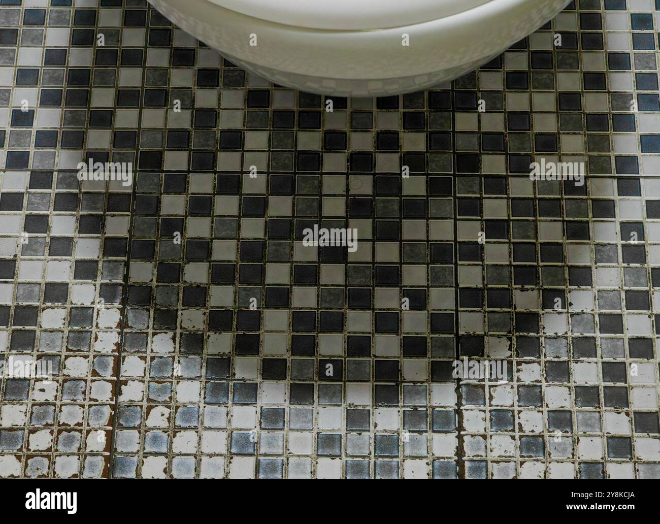 Schatten auf dem Badezimmerboden: Ein minimalistisches Mosaik in Monochrom Stockfoto