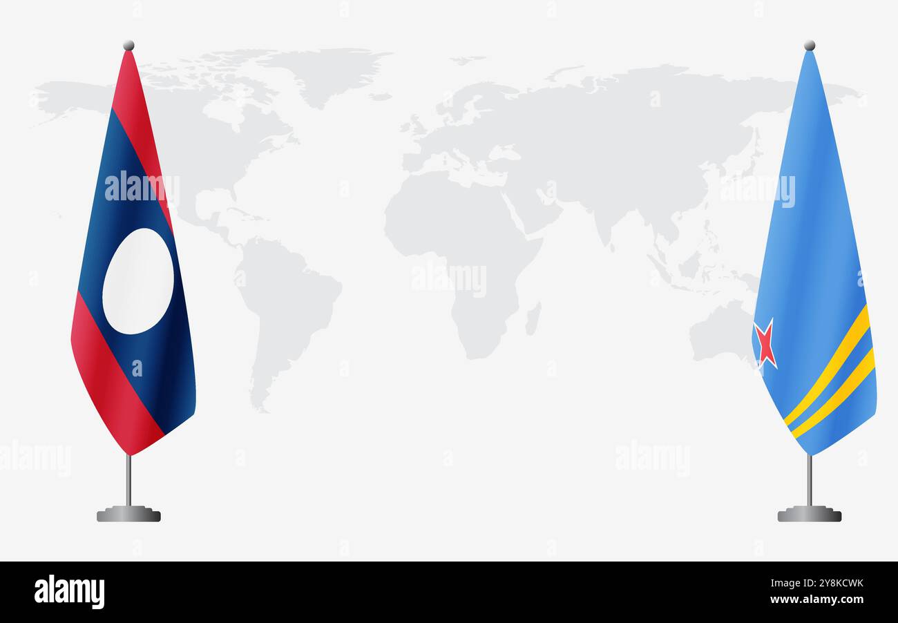Laos und Aruba Flaggen für offizielle Treffen vor dem Hintergrund der Weltkarte. Stock Vektor