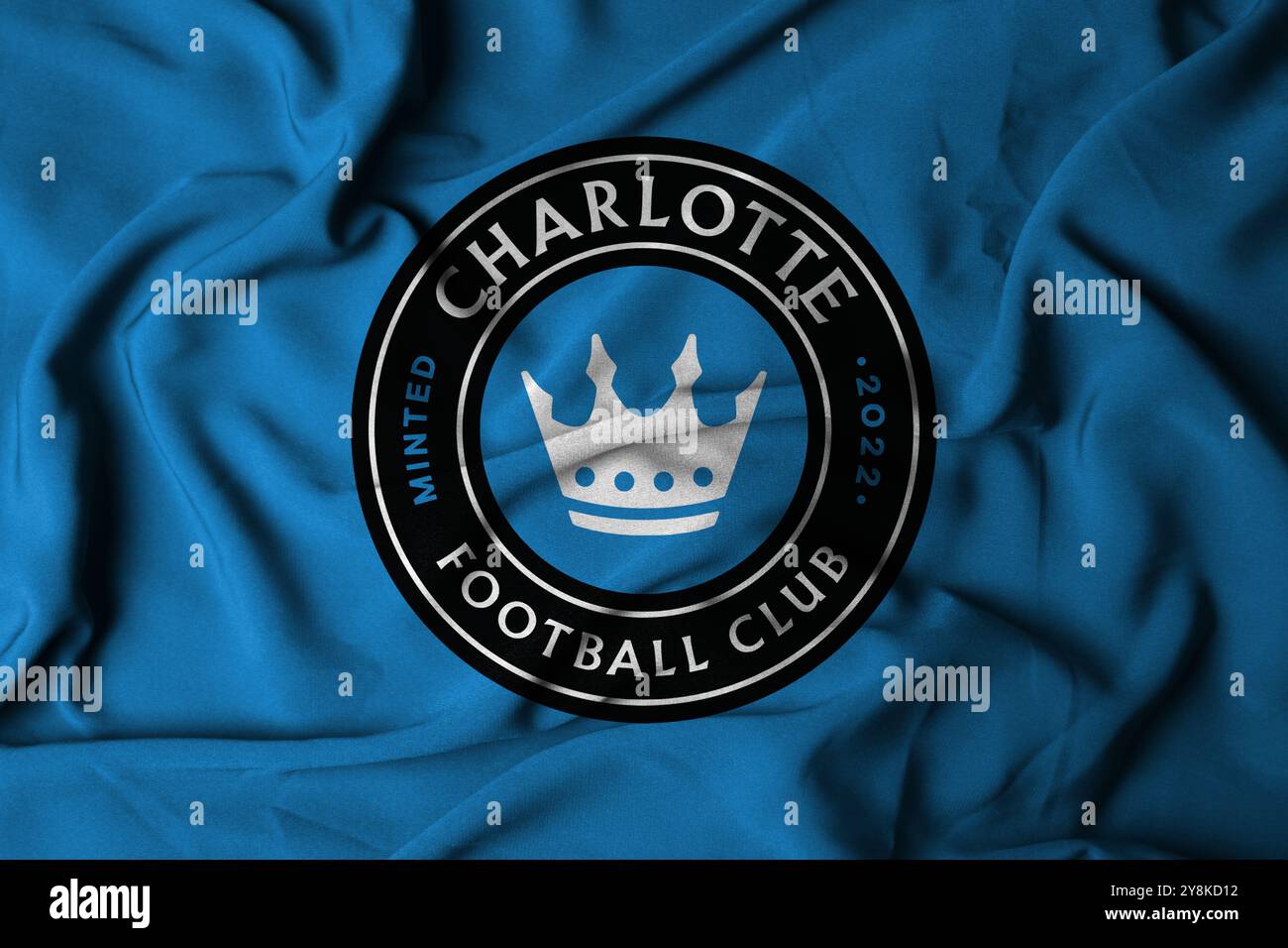 Pringsewu, Lampung; 7. Oktober 2024; Selective Focus Flag Textur Hintergrund des CHARLOTTE Football Club of MLS, 3D Illustration Stockfoto