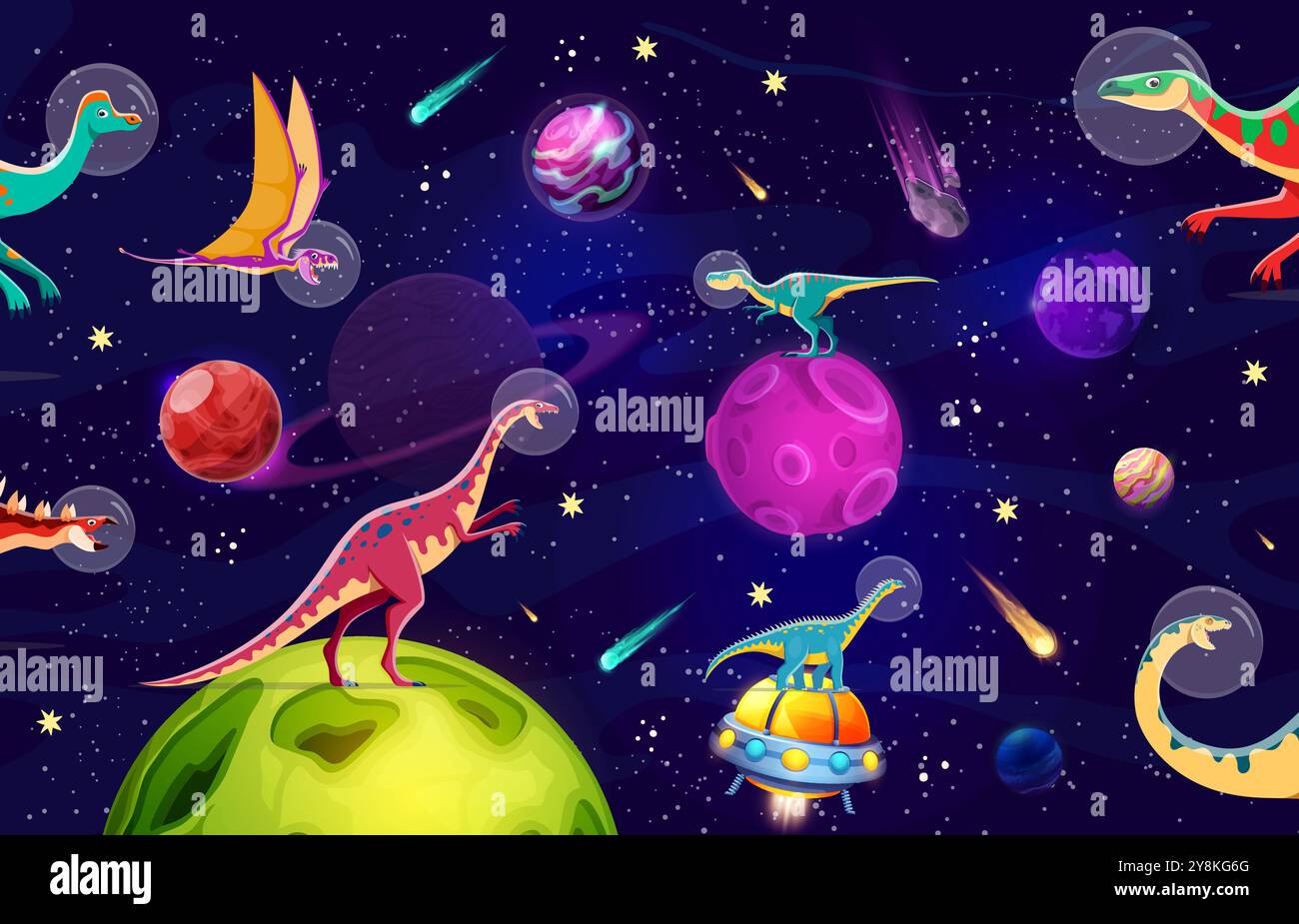 Cartoon-Dinosaurier-Astronauten im Weltraum oder lustige prähistorische Eidechsen-Raumfahrer, Vektorfiguren. Jurassische Galaxie Fantasy mit Dinosauriern in Astronautenhelmen auf Alien UFO und Planeten am Weltraumhimmel Stock Vektor