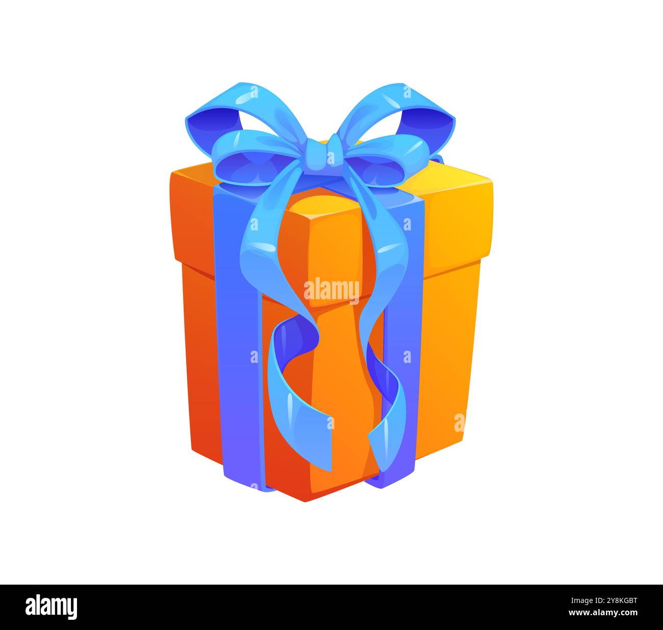Lebendige Geschenkbox für Zeichentrickfilme mit markantem orangefarbenen Körper und großer blauer Schleife. Isoliertes Vektor farbenfrohes Geschenk für Geburtstage, Feiertage oder Weihnachten, festliche Veranstaltungen und Partys Stock Vektor
