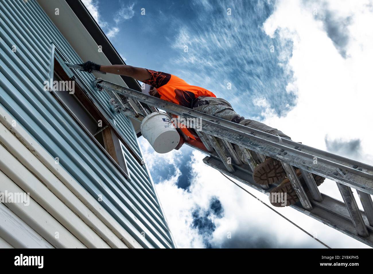 Maler auf einer Leiter malt ein altes Holz-/Wetterpappenhaus. Stockfoto