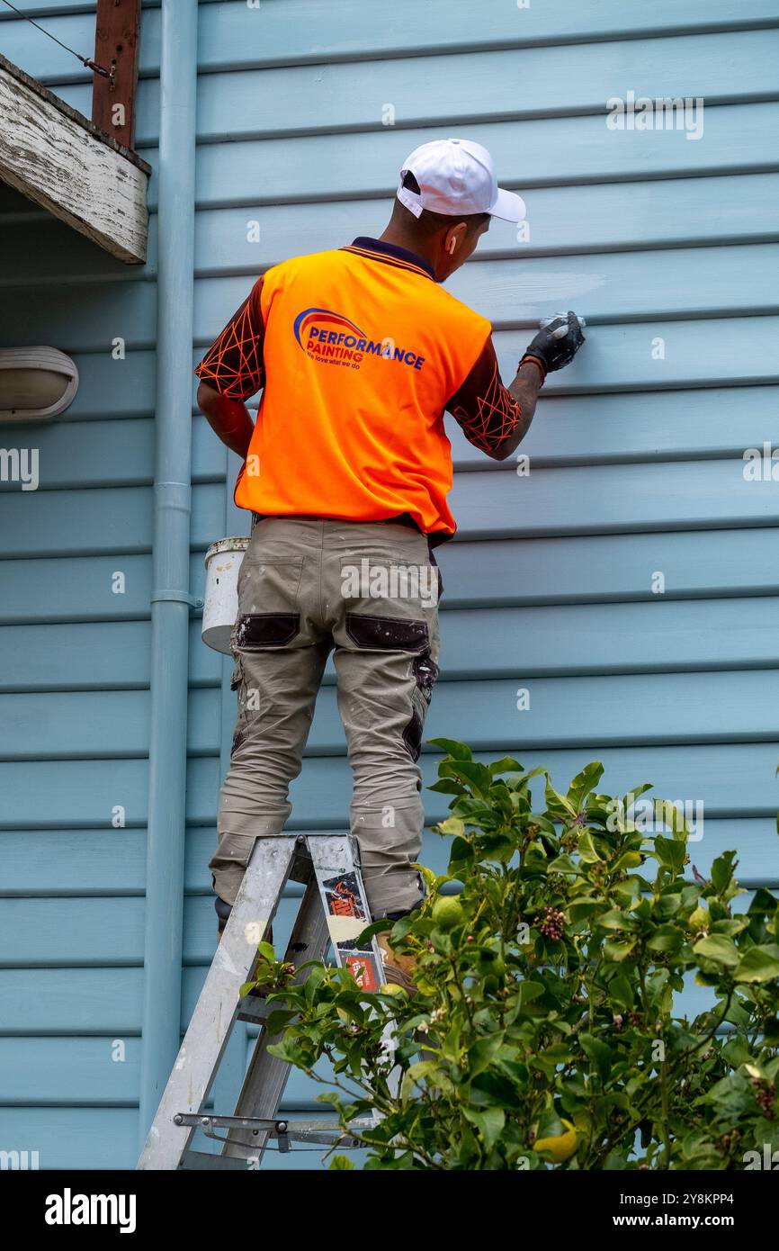 Maler auf einer Leiter malt ein altes Holz-/Wetterpappenhaus. Stockfoto
