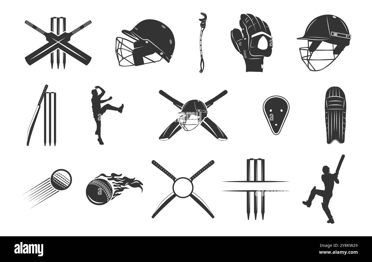 Cricket-Silhouette, Cricket-Schläger, Ball, Stumpfspieler-Silhouette, Cricket-Silhouette-Bundle, Cricket-Vektor-Set, Cricket-Sportausrüstung Silhouette. Stock Vektor