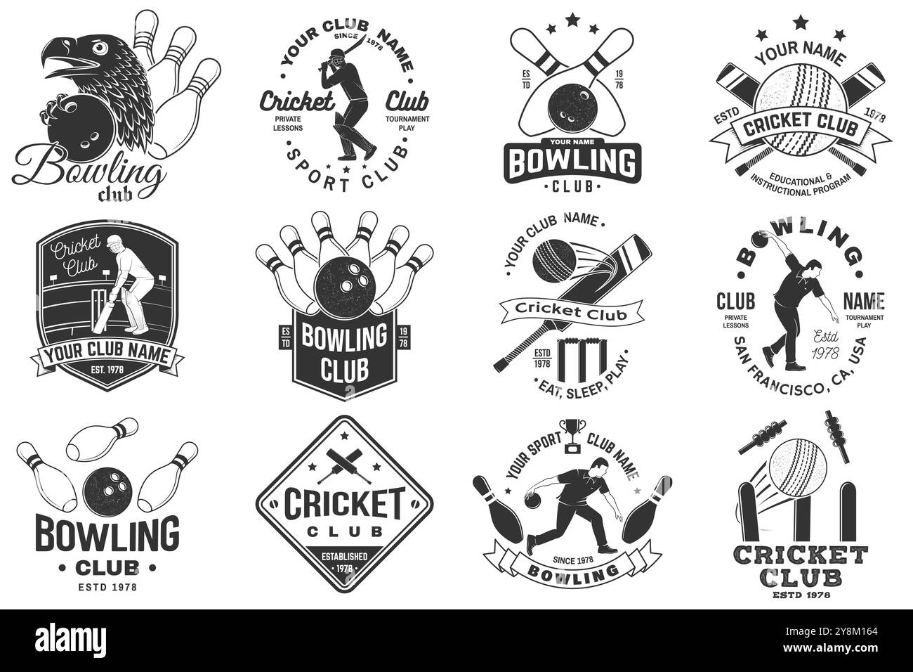 Set aus Cricket- und Bowlingsport-Club-Logo und Abzeichen. Vorlagen für Bowling- und Cricketsport-Club. Vektor. Stock Vektor