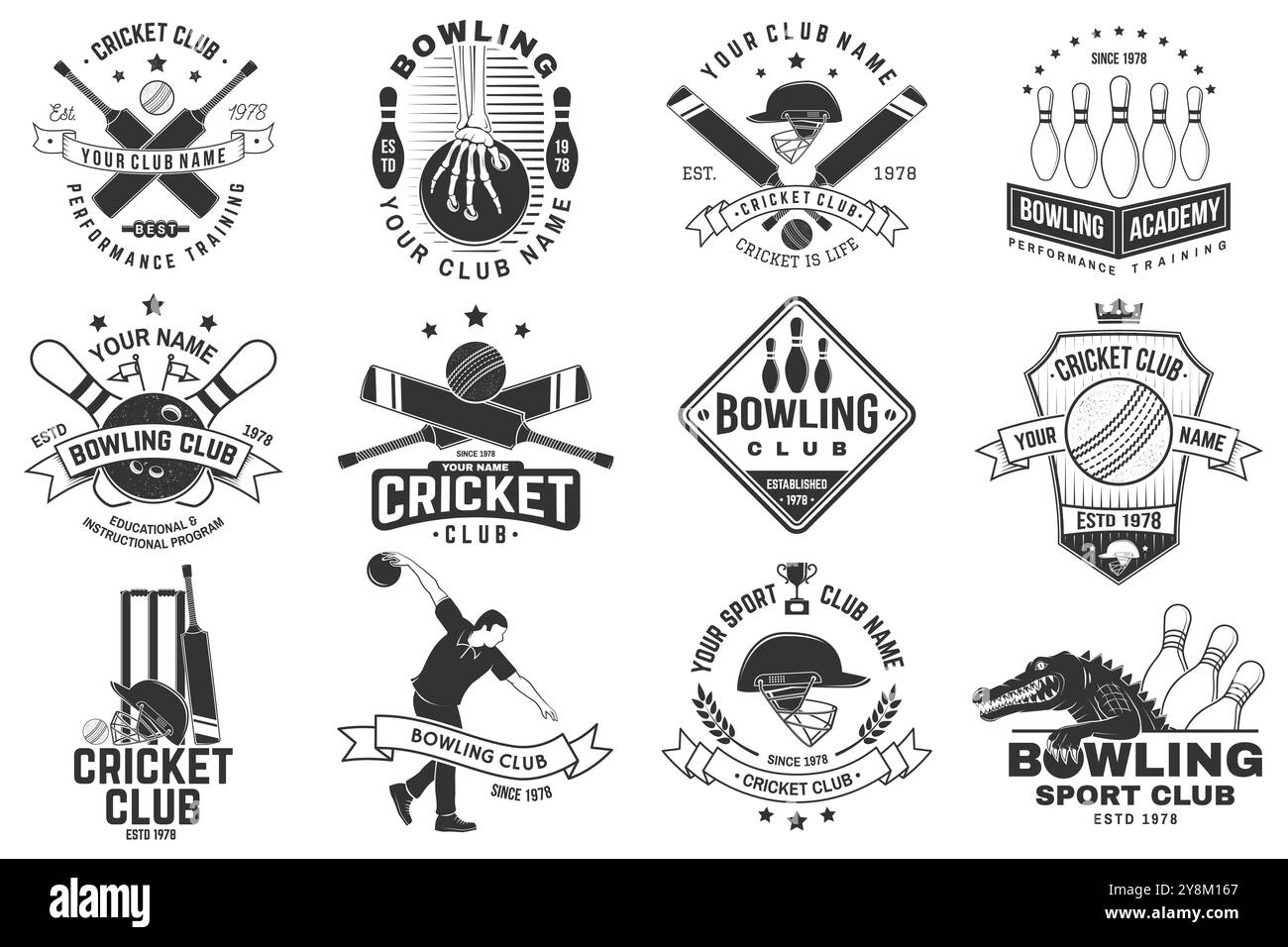 Set aus Cricket- und Bowlingsport-Club-Logo und Abzeichen. Vorlagen für Bowling- und Cricketsport-Club. Vektor. Stock Vektor