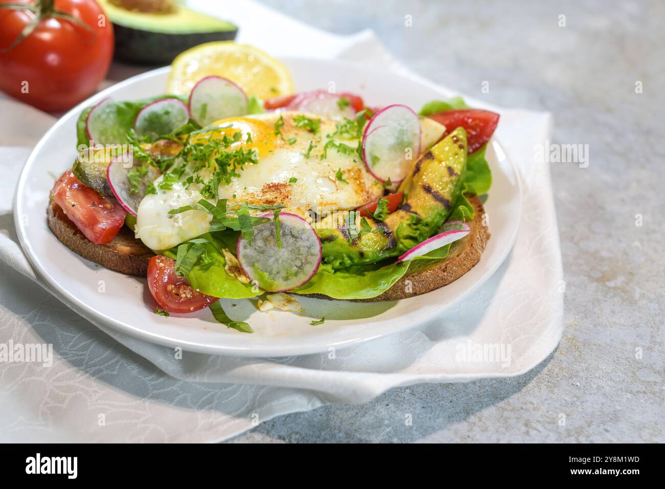 Offenes Sandwich mit gegrillter Avocado, Spiegelei, Tomaten, Radieschen und Kräutergarnitur, serviert auf einem weißen Teller, köstliche Mahlzeit zum Frühstück, Mittagessen oder Suppe Stockfoto