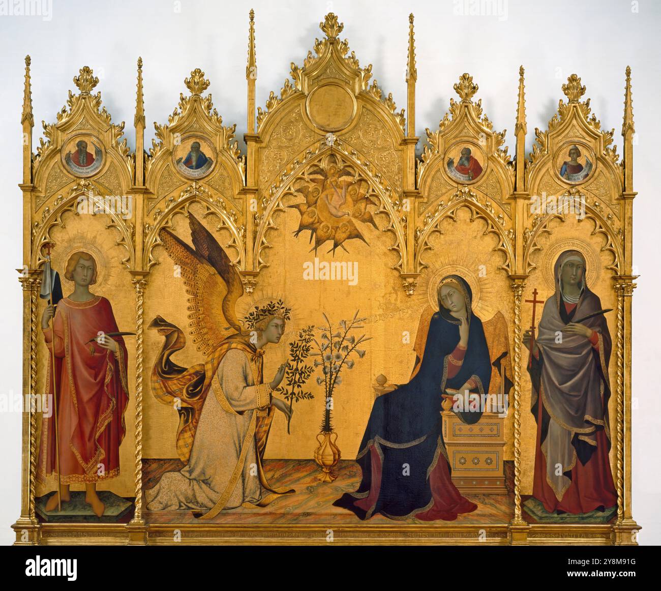 Simone Martini, Lippo Memmi/Verkündigung mit St. Maxima und St. Ansanus. 1333. Tempera auf Holz, goldener Hintergrund. 184 x 168 cm. Museum: Uffizien, FLORENCIA, ITALIA. Stockfoto