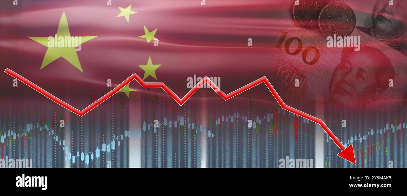 Finanzkrise in China auf dem Wirtschaftsdiagramm, wirtschaftlicher Zusammenbruch. Finanzieller Rückgang der chinesischen Wirtschaft in der Finanzgrafik Stockfoto